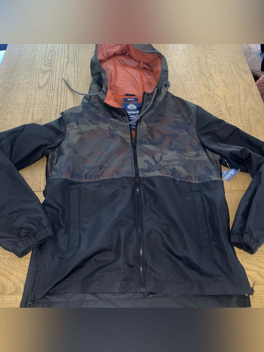 American Rag Men's L Rain Jacket Black Green Brown Camo W/ Hood Sz Medium M